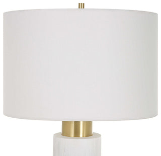 Textured White Faux Wood Column Table Lamp Cylinder Brass Gold MidCentury Modern