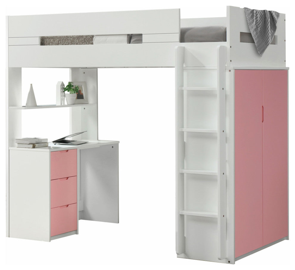 HomeRoots 78" X 41" X 70" White And Pink Laminated Veneer Lumber Loft Bed