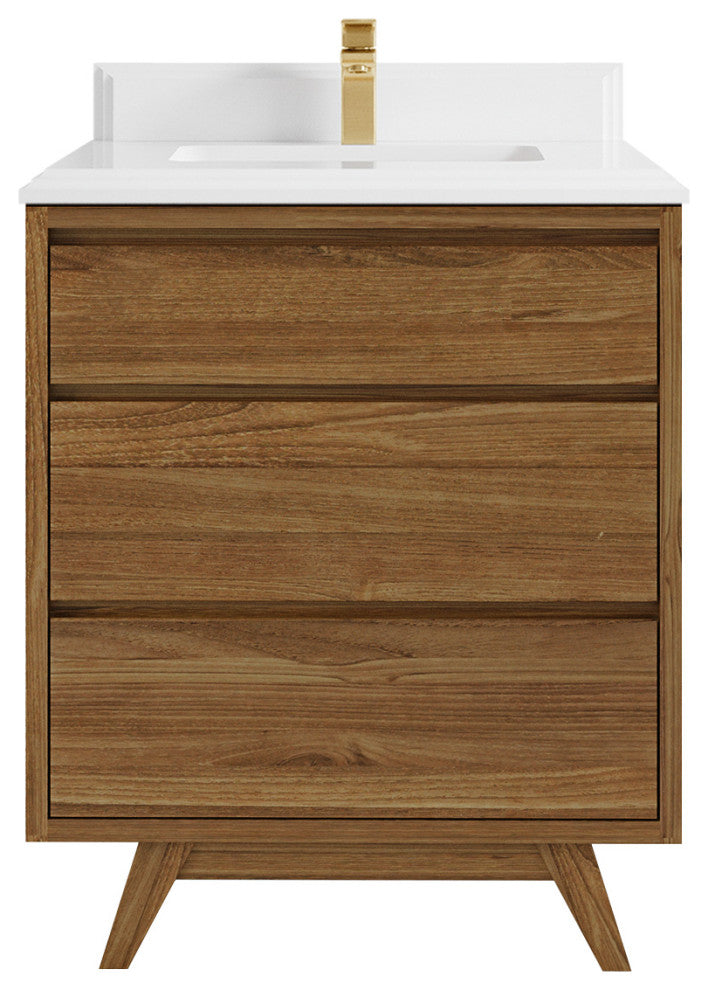 Madison Teak 30 Single Sink Bath Vanity in Dark Natural 1.5" White Quartz