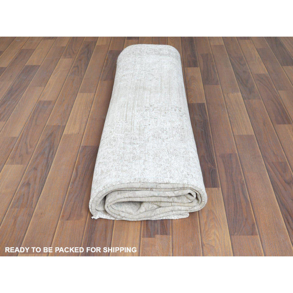 Beige, Vintage Persian Kerman, Worn Wool, Hand Knotted, Rug, 7'6" x 12'10"