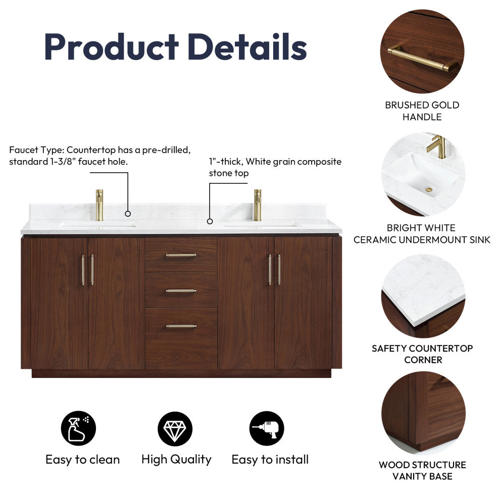 San Bath Vanity with Stone Top, Natural Walnut, 72", Double Vanity, No Mirror