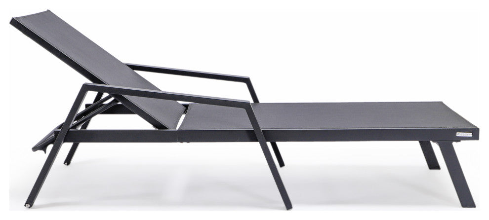 LeisureMod Marlin Chaise Lounge Chair With Arms and Fire Pit Table, Black