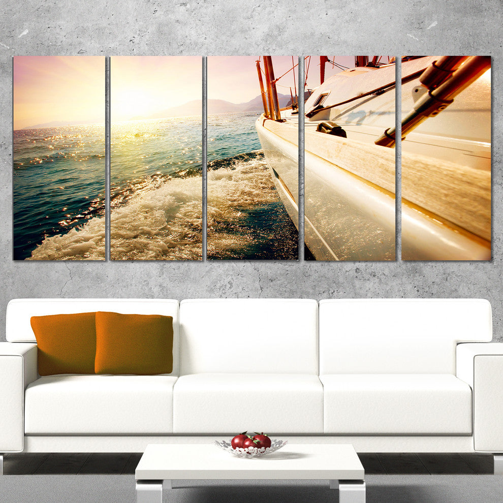 "Huge Yacht Sailing Against Sunset" Sea Pier Wall Art, 5 Panels, 60"x28"