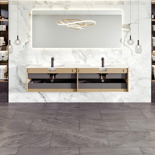 Lotus 71"W Oak Wallmount Vanity With White Solid Surface Int. Double Sink Top