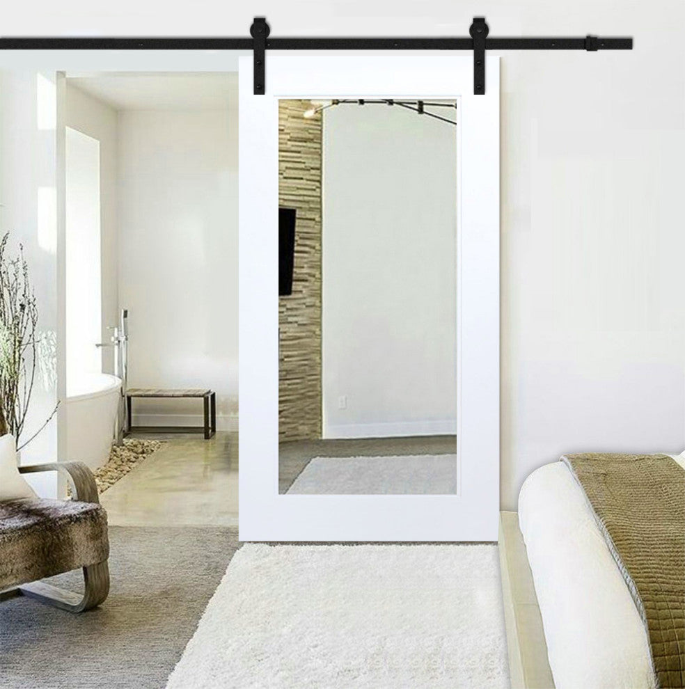 White Primed Mirror Sliding Barn Door with Hardware Kit., Carbon Steel Hardware, 48"x81" Inches, 1x Mirror One-Side