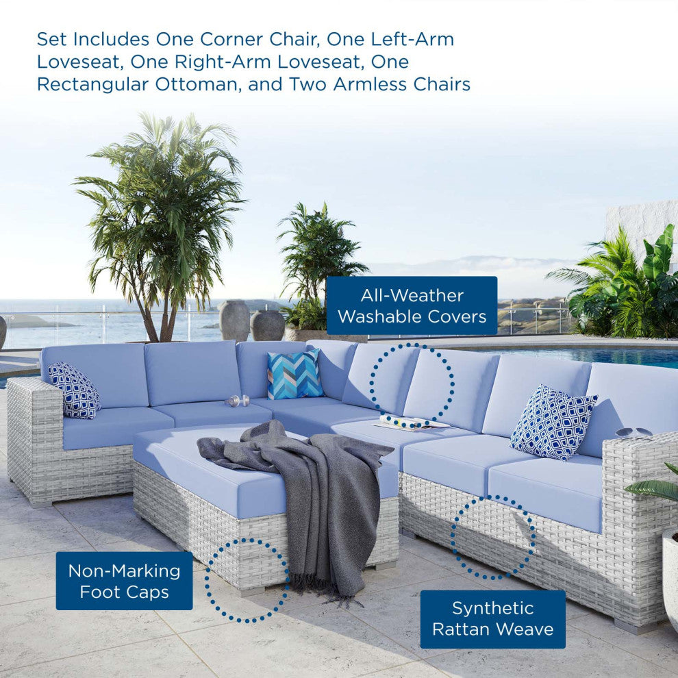 Lounge Sectional Sofa Chair Set, Rattan, Wicker, Gray Blue, Modern, Outdoor