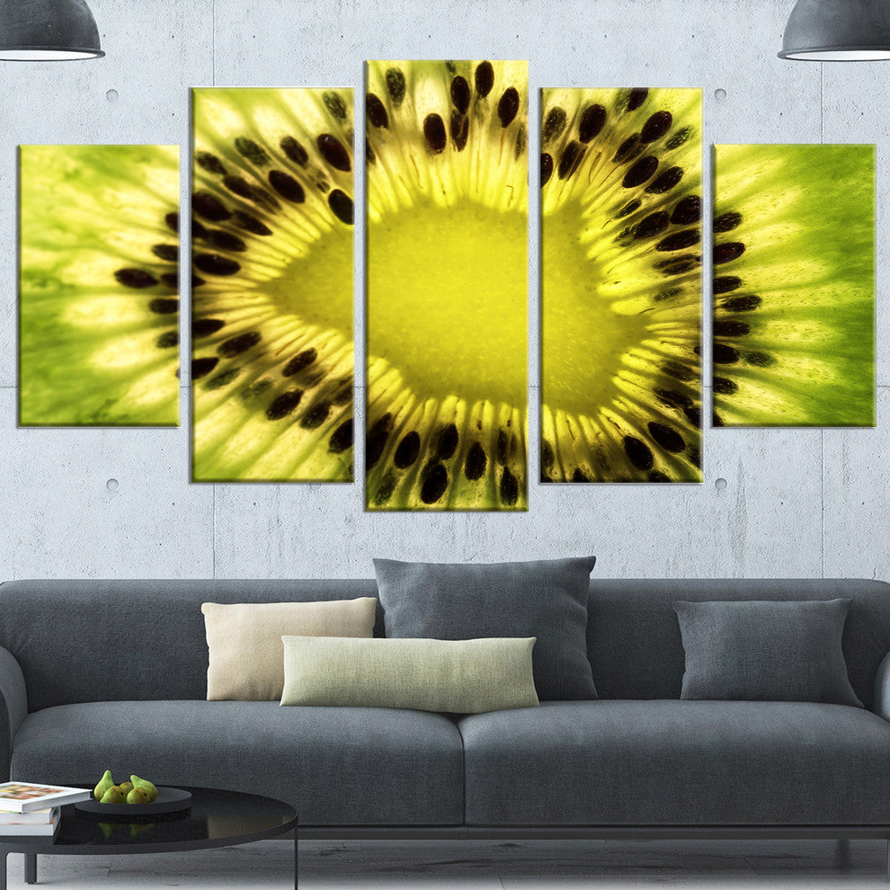 Green Kiwi Seeds and Inside Pattern, Contemporary Canvas Art, 60"x32", 5 Panels