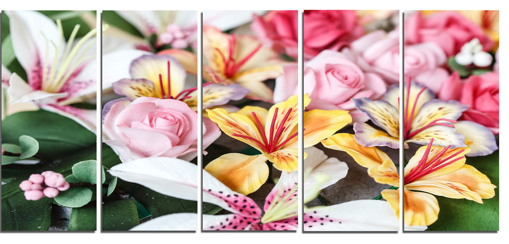 Beautiful Sugar Flower Decoration, Flower Artwork on Canvas, 60"x28", 5 Panels