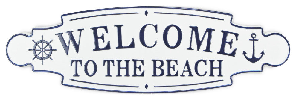 White and Blue Lacquered Finish Wall Sign, Welcome to the Beach