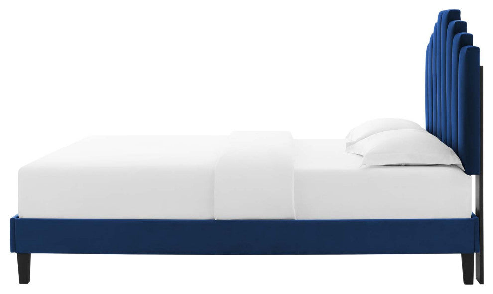 Platform Bed Frame, Queen Size, Velvet, Blue Navy, Modern Contemporary, Bedroom