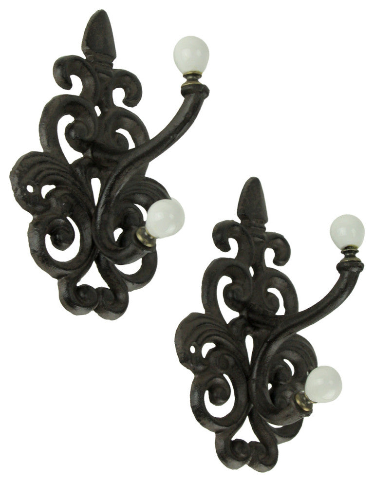 Brown Cast Iron Fleur De Lis Double Wall Hooks Set of 2
