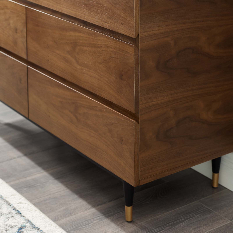 Dresser Drawer Chest Mirror Set, Wood, Brown Walnut, Modern Living Room