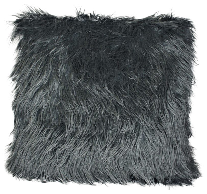 Faux Fur Grey Mongolian Sheepskin Decorative Throw Pillow, 22"x22"
