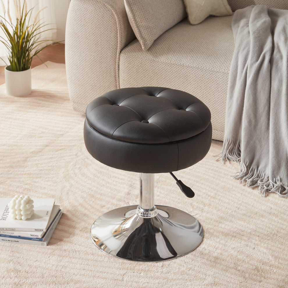 Storage Swivel PU Leather Vanity Stool, Black With Removeable Tray