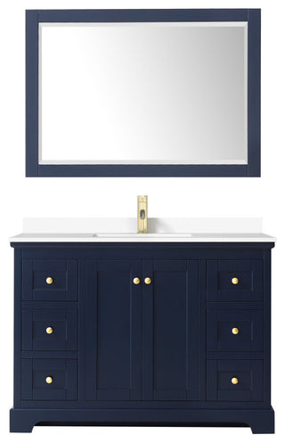 Avery 48, Single Vanity, Dark Blue, White Marble Top, SQ Sink, 46, Mirror