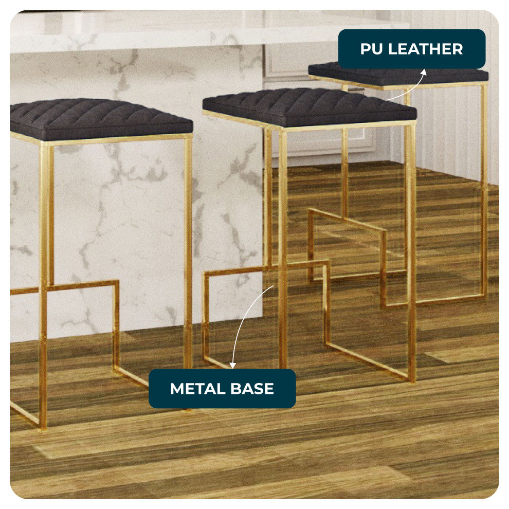 Quincy Leather Barstool Square Seats and Gold Metal Frame, Gray