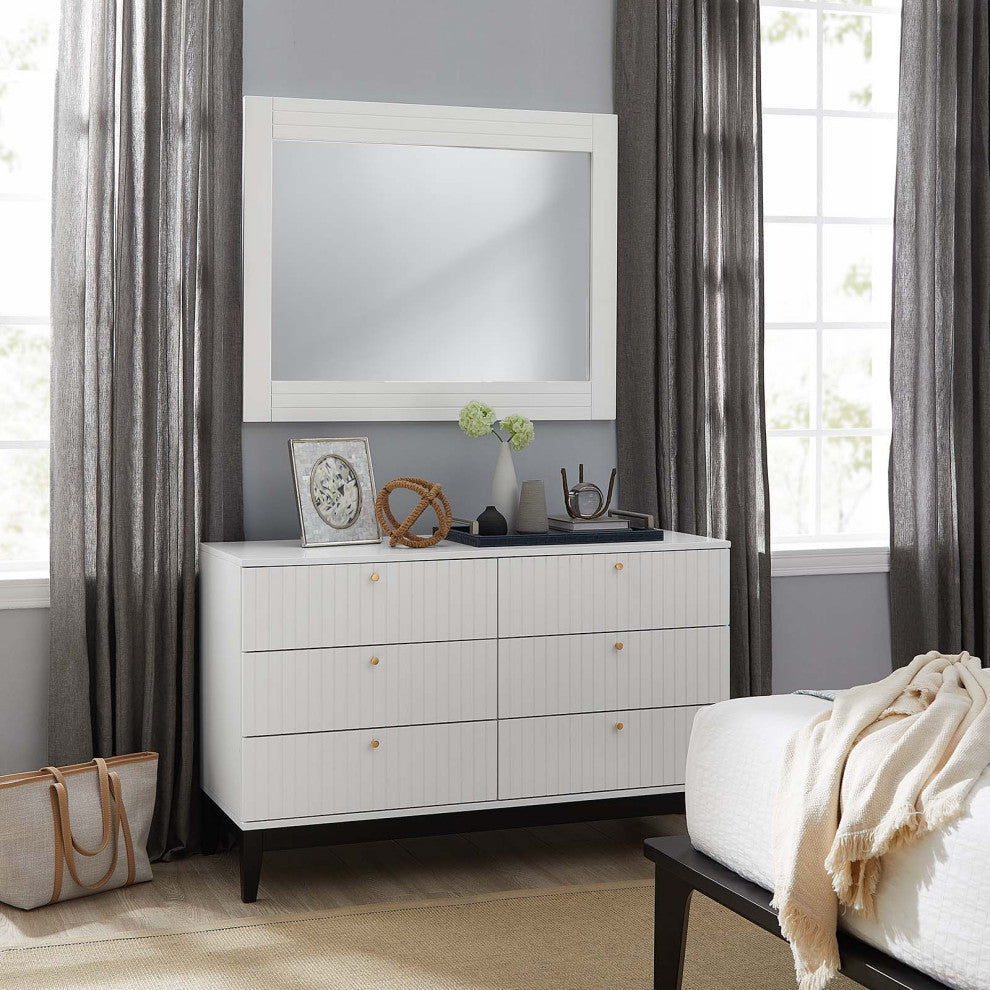 Dresser Drawer Chest Mirror Set, White, Wood, Modern, Mid Century Guest Suite