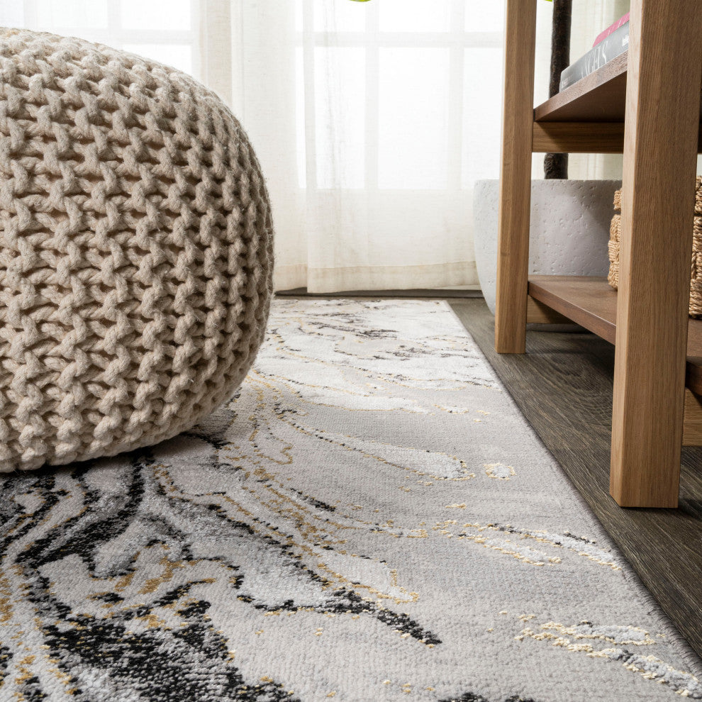 Swirl Marbled Abstract Area Rug, Gray/Black, 8 X 10