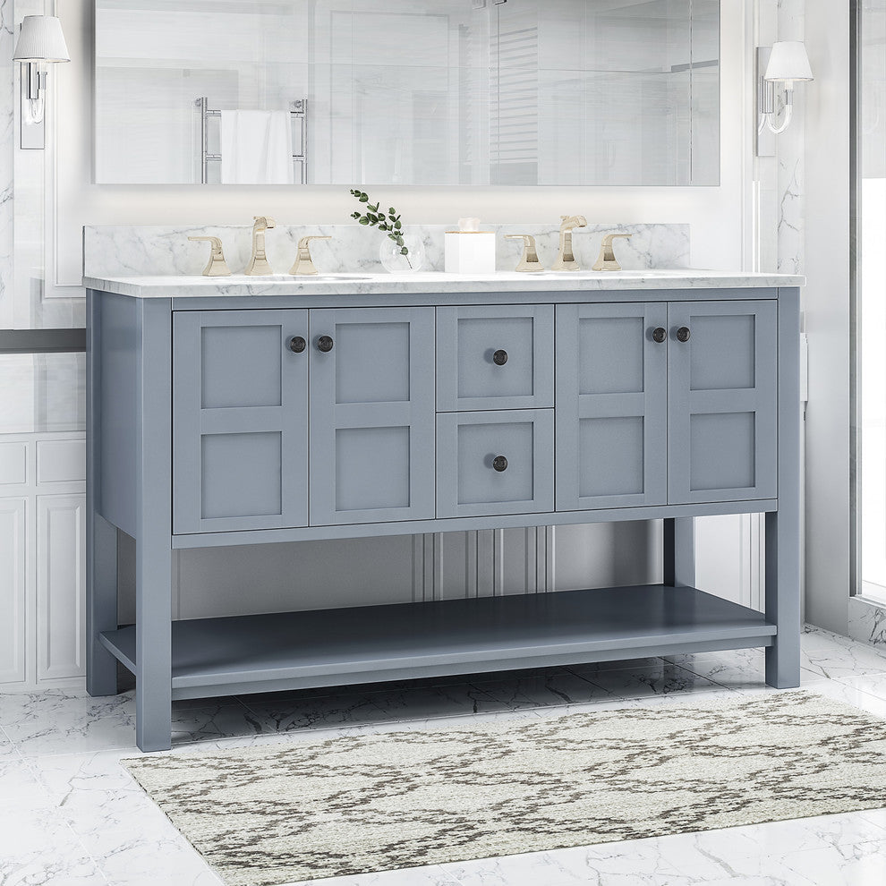 Anna Contemporary 60" Wood Double Sink Bathroom Vanity With Marble Counter Top, Gray