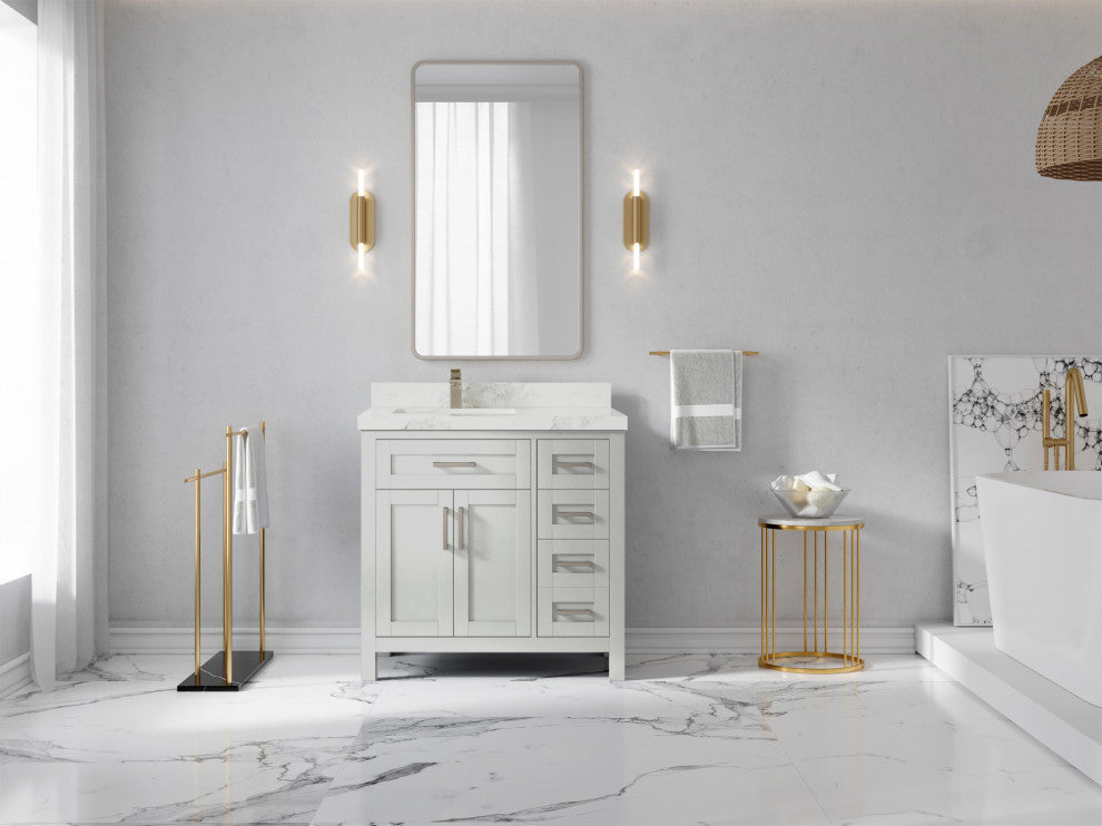 Cambridge 36 Left Offset Bath Vanity in Coventry Gray 2" Calacatta Nuvo