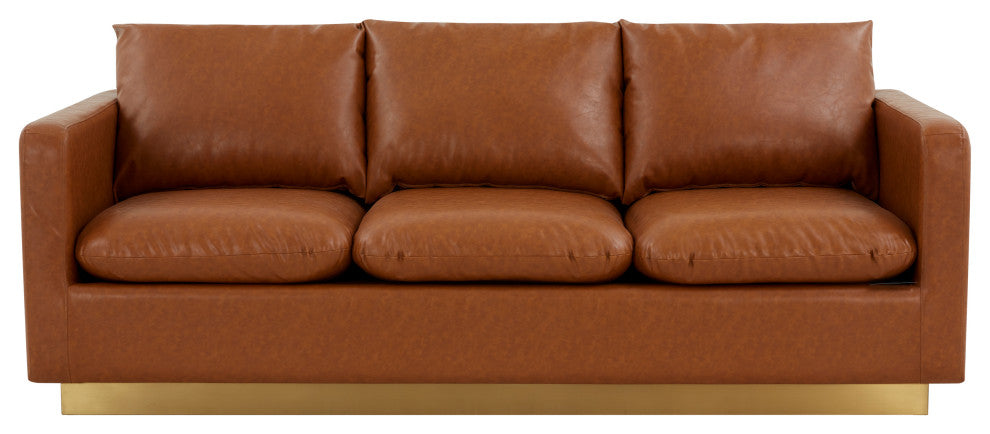 LeisureMod Nervo Modern Leather Sofa With Gold Base, Cognac Tan