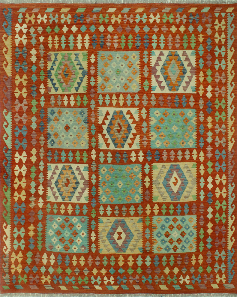Sangat Kilim Danagul Rust/Green Rug, 8'0x9'6