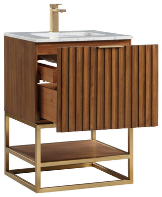 Terra Bathroom Vanity, Walnut/Satin Brass With Carrara Marble, 24"