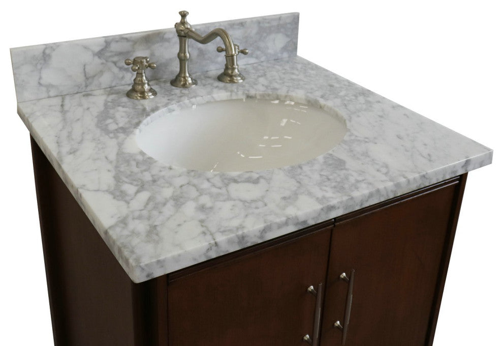 25" Single Sink Vanity, Walnut Finish, White Carrara Marble and Oval Sink