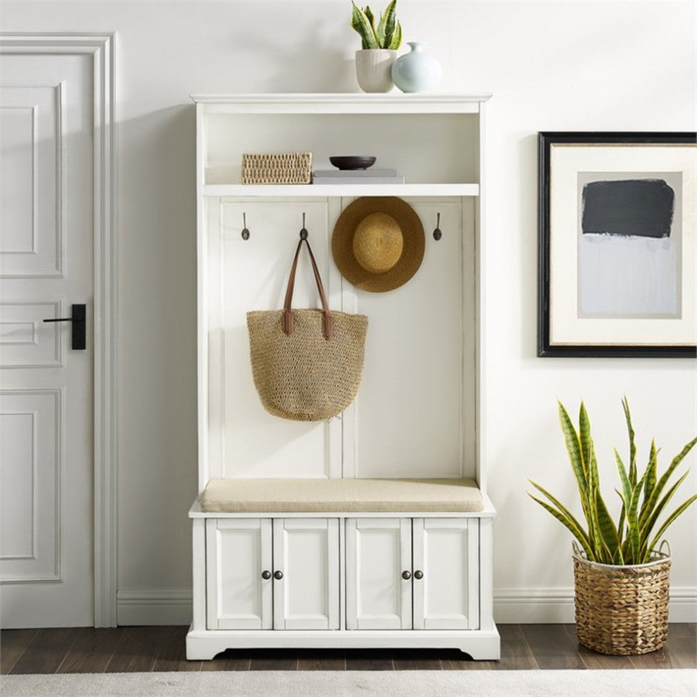 Bowery Hill Traditional Wood Hall Tree in Distressed White/Oatmeal