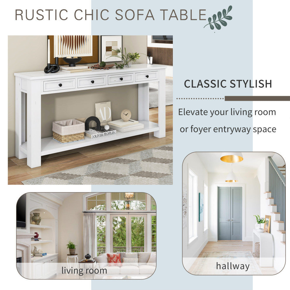 63"x30" Rustic Chic Console Table with Drawers and Shelf for Entryway Hallway, Antique White