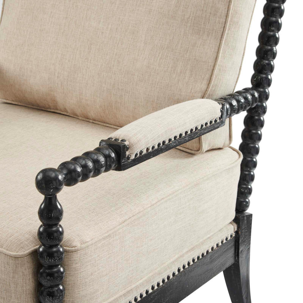 Armchair Accent Chair, Nailhead, Beige Black, Fabric, Modern, Cafe Hospitality