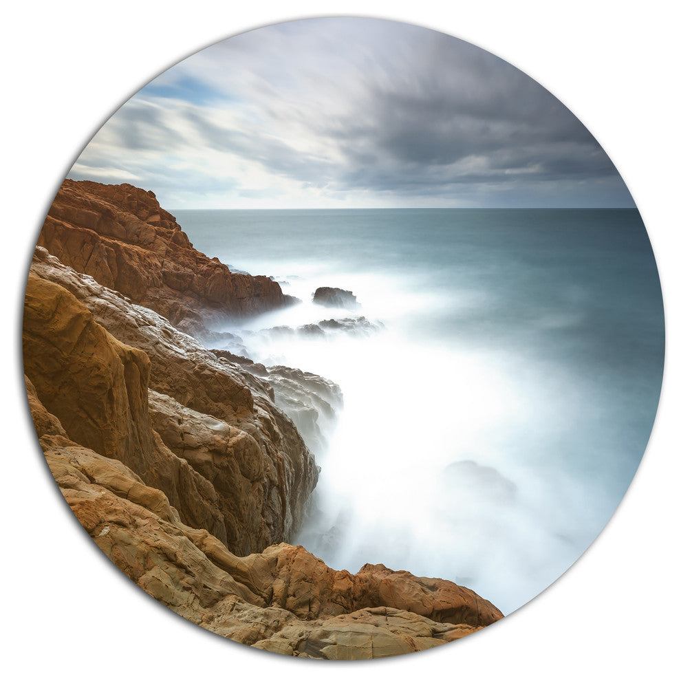 Dark Red Rocks And Foam Waves, Seashore Disc Metal Wall Art, 36"