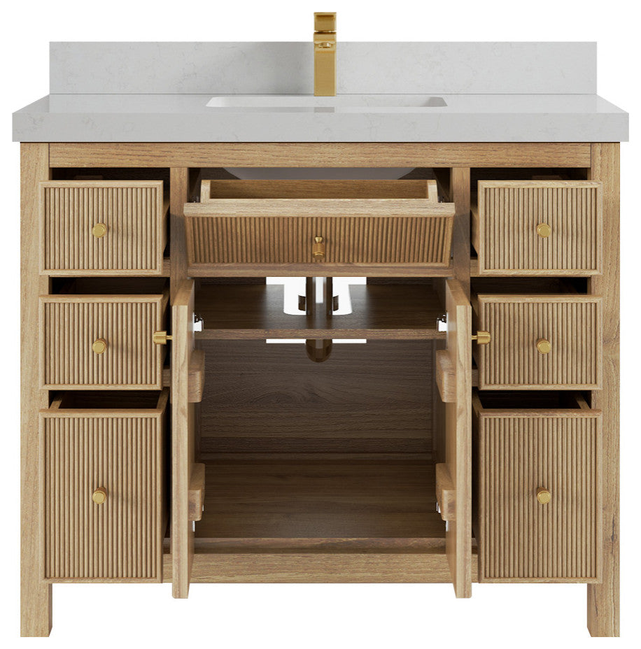 Sonoma 42 Single Sink Bath Vanity in Light Natural Teak with 2" Carrara Quartz