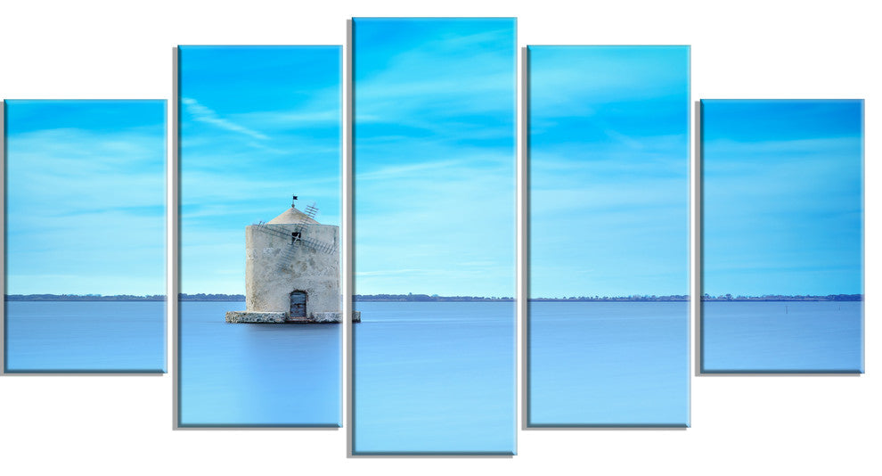 "Old Spanish Windmill in Blue Lagoon" Seashore Wall Art, 5 Panels, 60"x32"