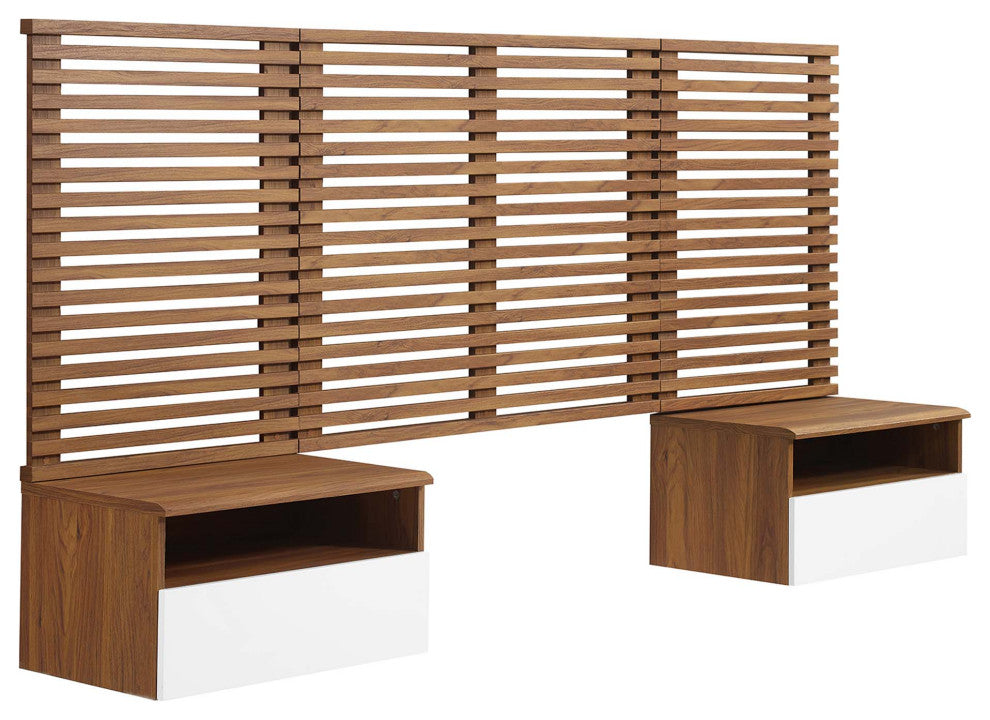 Render Wall Mount Twin Headboard and Modern Nightstands, Walnut