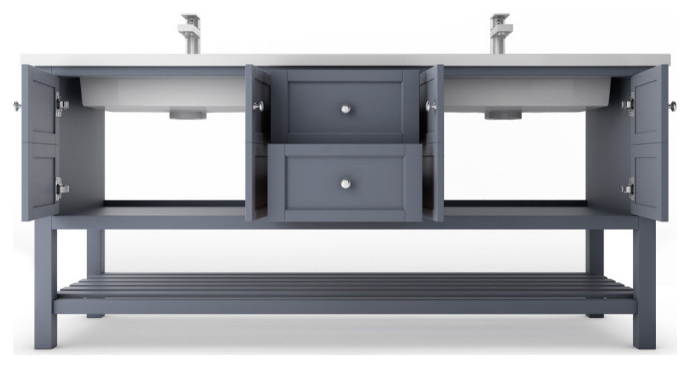 CastelloUSA Alicia 72" Freestanding Vanity Set, Gray, White Top, Chrome Handles