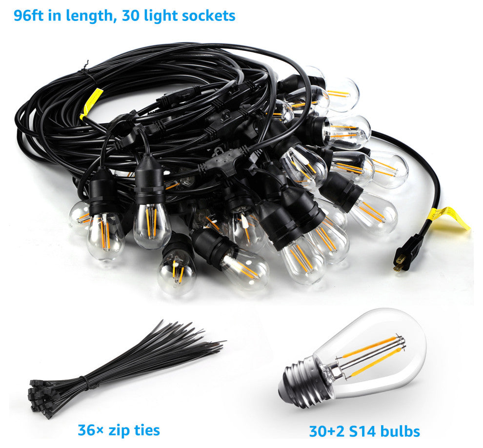2-Pack 96ft LED Outdoor String Lights With 30+2 Shatterproof Vintage Edison Bulb