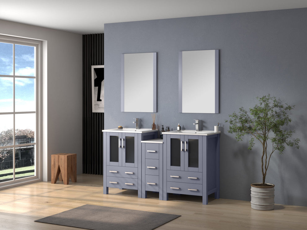 Lexora Volez 60" Vanity Cabinet, Dark Gray, Top, Mirror, 4 Doors 7 Drawers