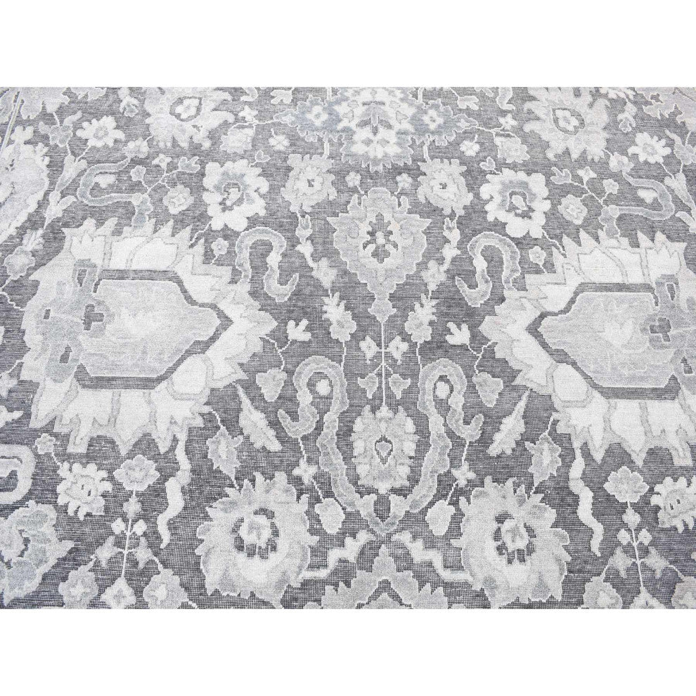 Thunder Gray, Hand Knotted Oushak Influence Silk Wool Oriental Rug, 7'9"x10'