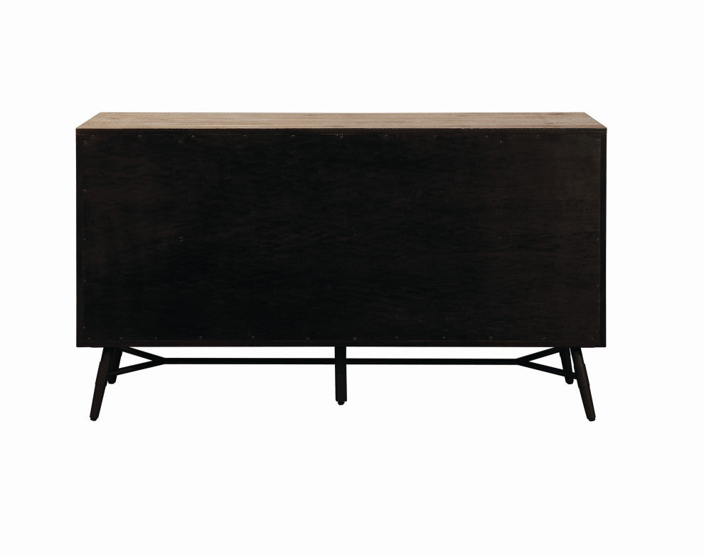 Six Drawer Wooden Dresser with Metal Angled Legs, Brown and Black