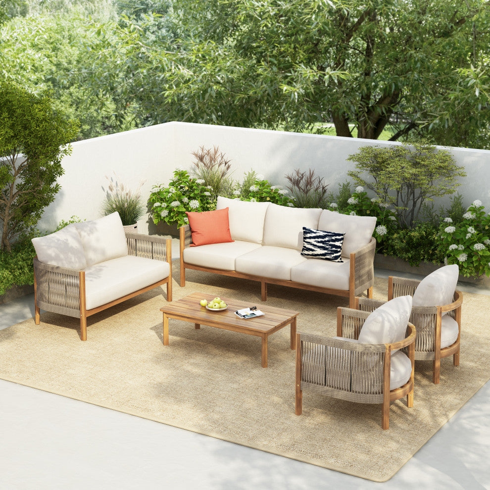 GDF Studio Outdoor 5-Piece Acacia Wood Patio Chat Set, Teak/Beige