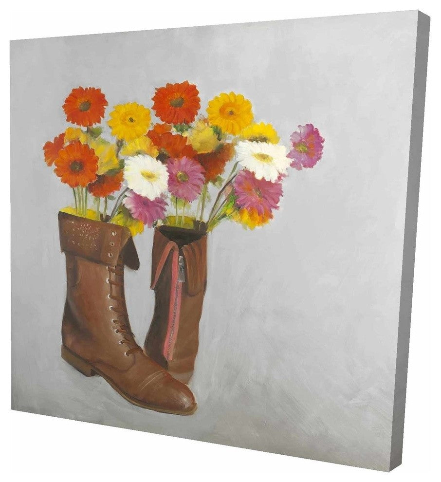 Leather Boots With Daisy Flowers, Fine Art Gallery Wrapped Canvas, 24"x24"