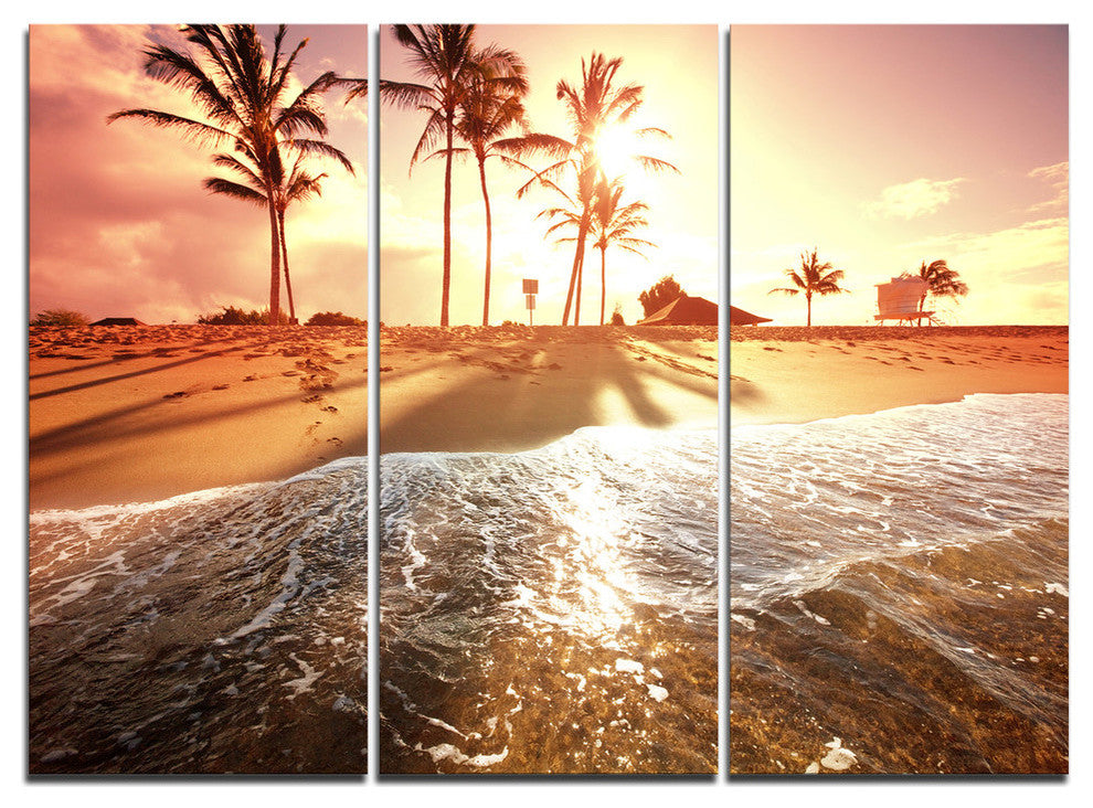 "Colorful Tropical Beach With Palms" Beach Metal Wall Art, 3 Panels, 36"x28"