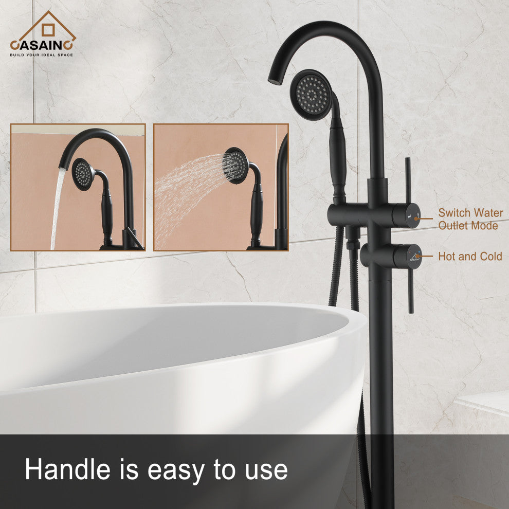 6 GPM Freestanding Bathtub Faucet with Hand Held Shower and Double Handle, Matte Black