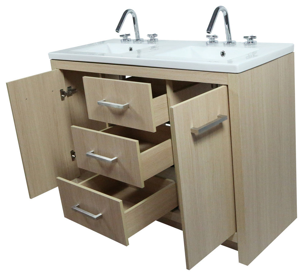 48" Double Sink Vanity, Neutral Finish With White Ceramic Top