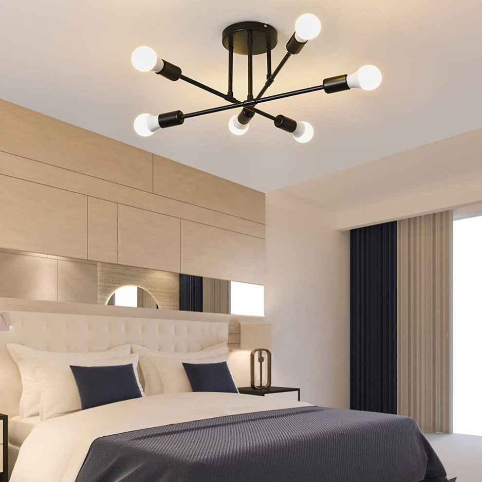 Farmhouse Semi Flush Mount Ceiling Light Fixture, 6 Light, Black Ceiling Lamp