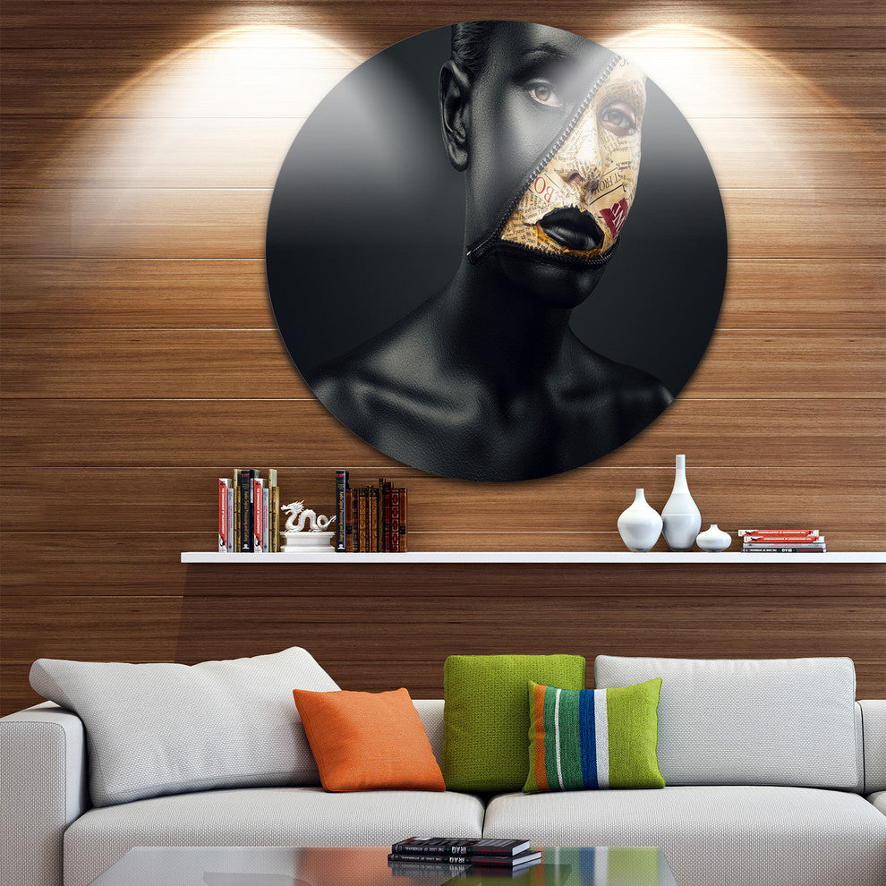 Woman With A Zip On Face, Art Portrait Large Disc Metal Wall Art, 23"