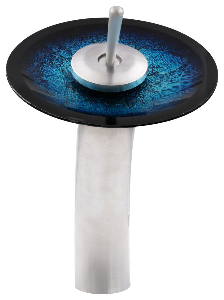 The Fresca Rectangle Shallow Blue Foiled Glass Bath Sink Combo Faucet Drain, Brushed Nickel