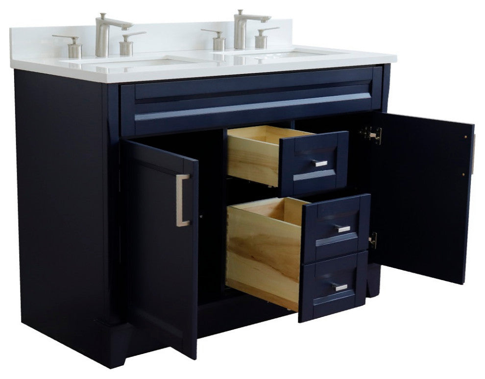 48" Double Sink Vanity, Blue Finish With Engineered Stone Top And Rectangle Sink
