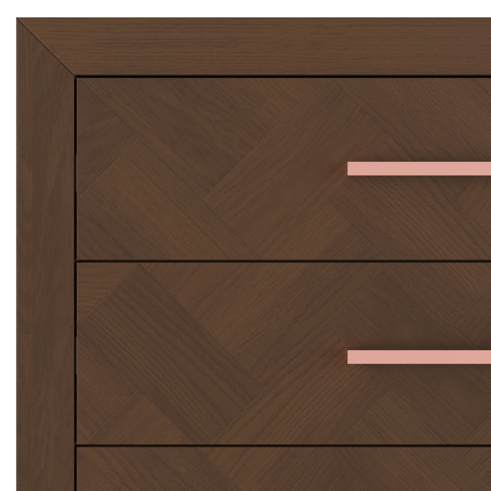 Modern Vertical Dresser, 5 Drawers With Elongated Metal Pulls, Toasted Chestnut